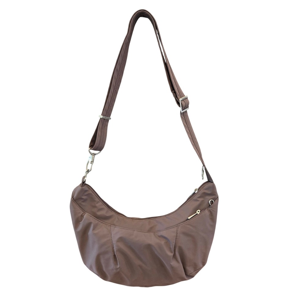 Travelon Anti-Theft Crossbody Bag Mocha Nylon RFID Blocking Travel crescent